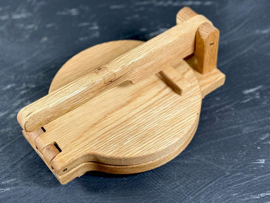 Handmade White Oak Tortilla Press – 8" Tortilla Maker with Brass Hinges