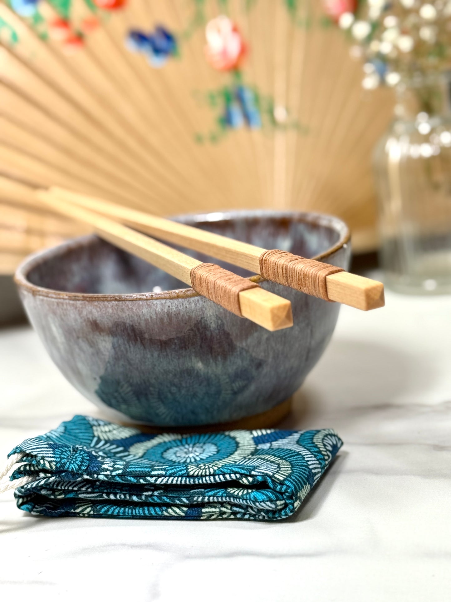 Handmade Wooden Chopsticks with Leather Wrap – Optional Turquoise Bloom Fabric Holder