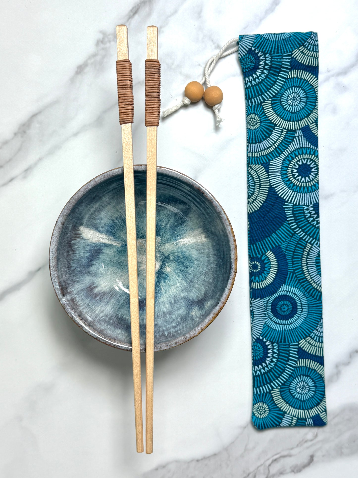 Handmade Wooden Chopsticks with Leather Wrap – Optional Turquoise Bloom Fabric Holder