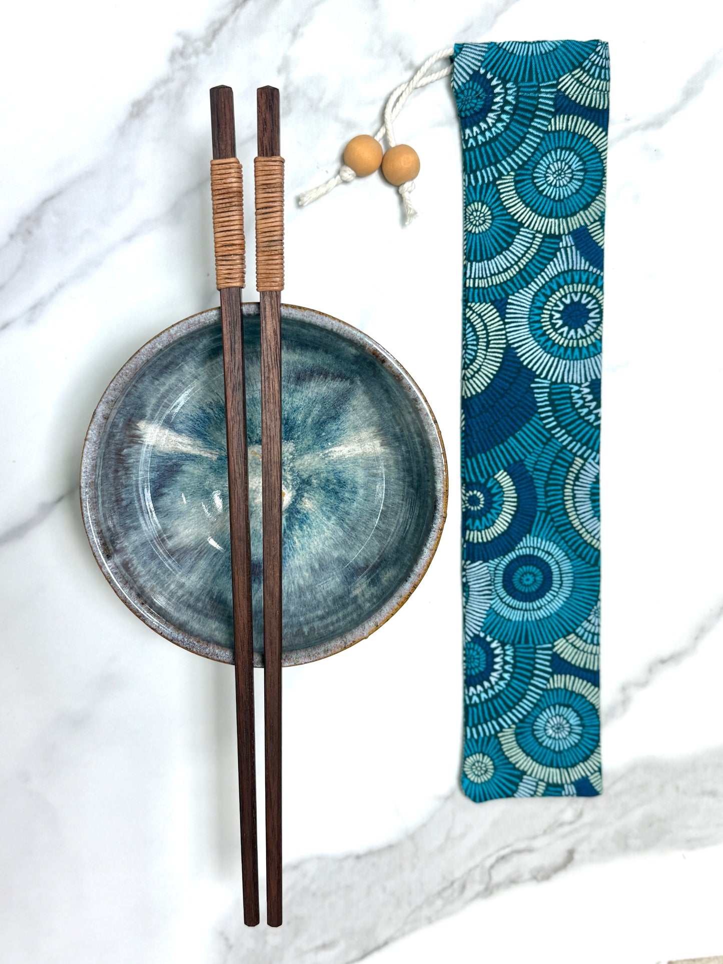 Handmade Wooden Chopsticks with Leather Wrap – Optional Turquoise Bloom Fabric Holder