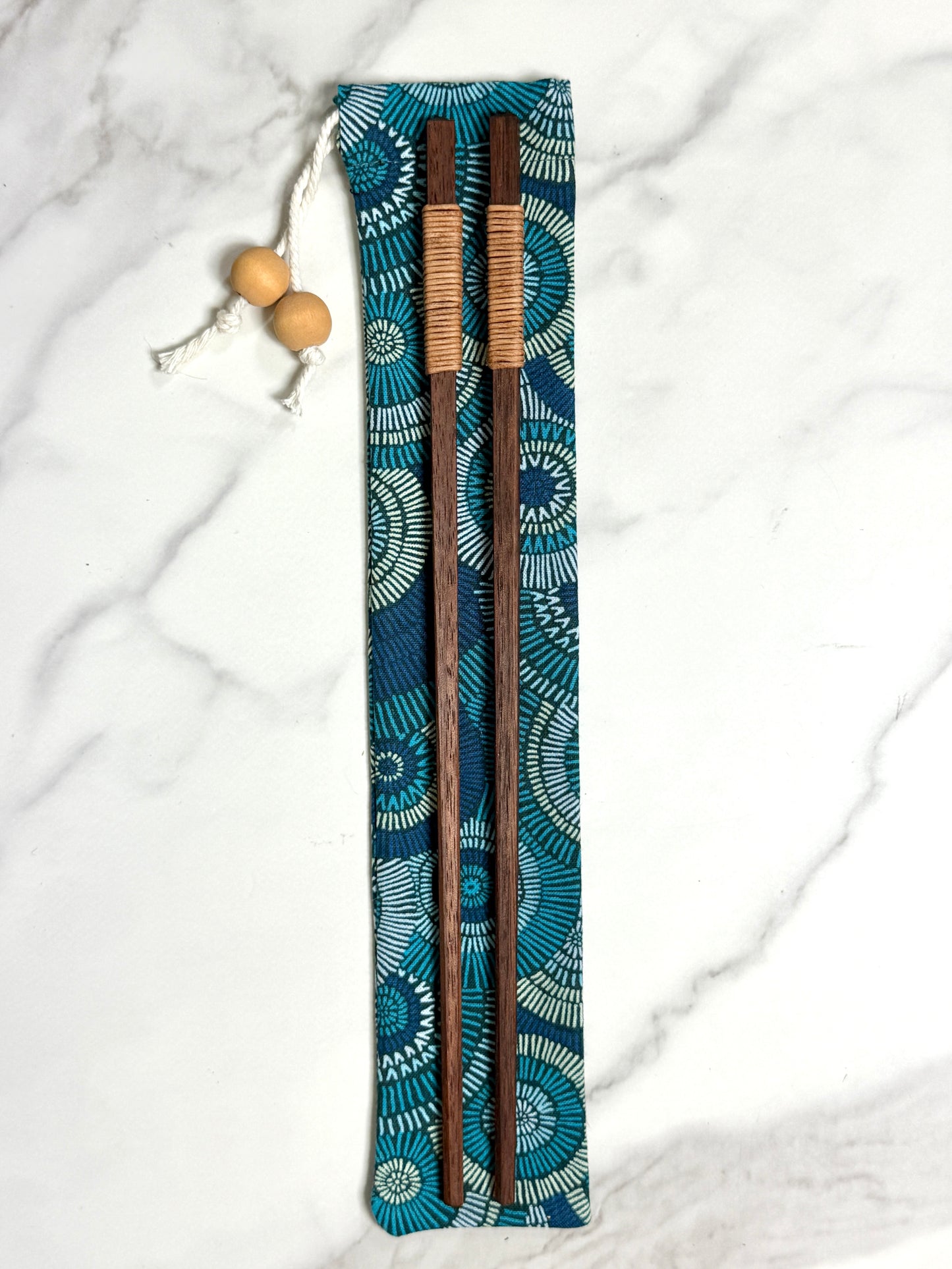 Handmade Wooden Chopsticks with Leather Wrap – Optional Turquoise Bloom Fabric Holder