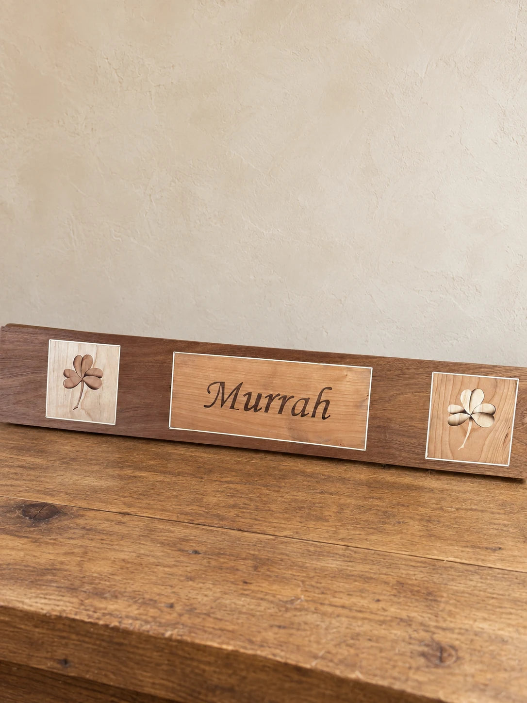 Wooden Murrah nameplate with floral marquetry