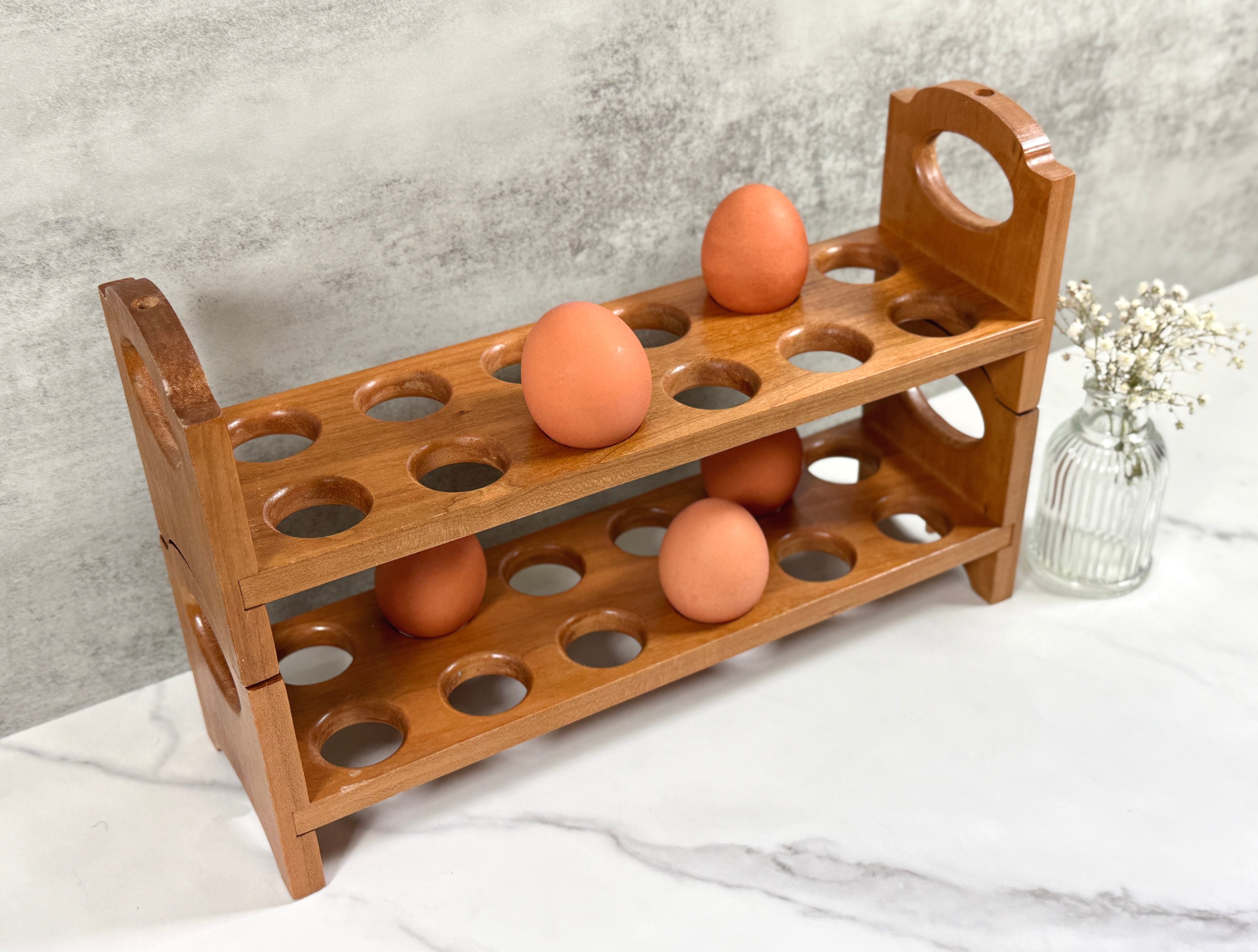 Stackable cherry wood egg holder handcrafted by Heartwood Woodshop