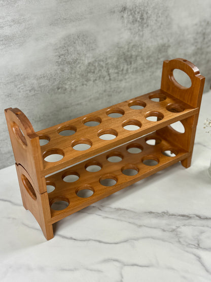 Stackable cherry wood egg holder showing its handcrafted construction