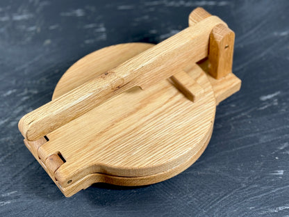 Alternate view of the handmade white oak tortilla press