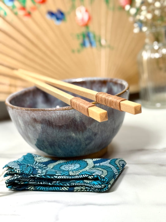 Handmade Wooden Chopsticks with Leather Wrap – Optional Turquoise Bloom Fabric Holder