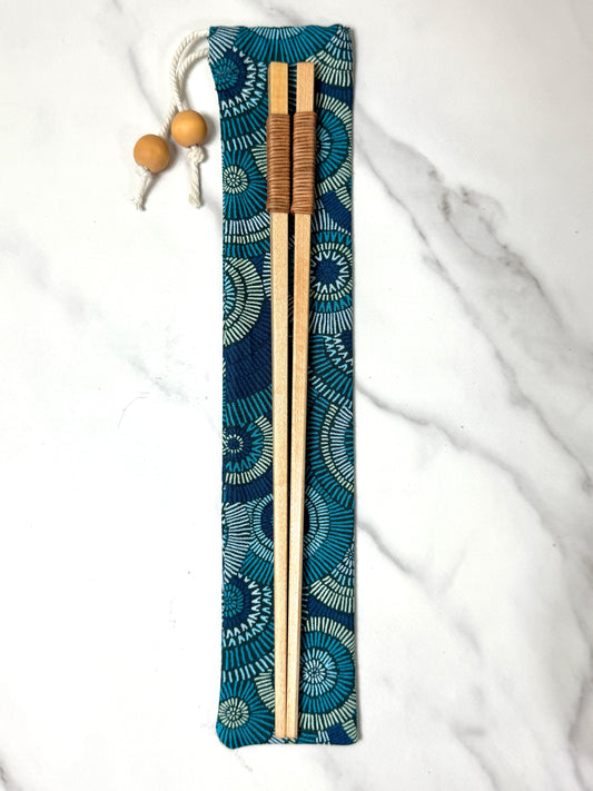 Handmade Wooden Chopsticks with Leather Wrap – Optional Turquoise Bloom Fabric Holder