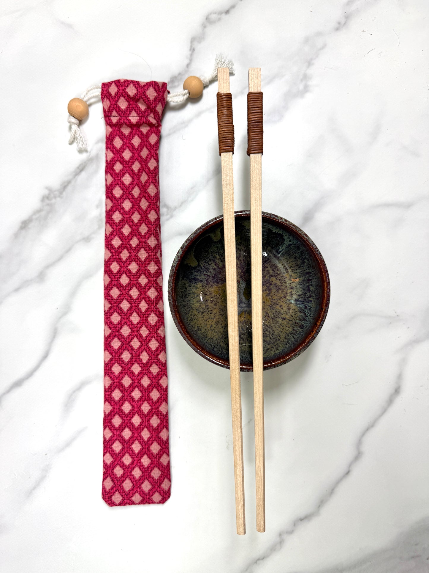Handmade Wooden Chopsticks with Leather Wrap – Reusable Hardwood Set + Optional Fabric Holder