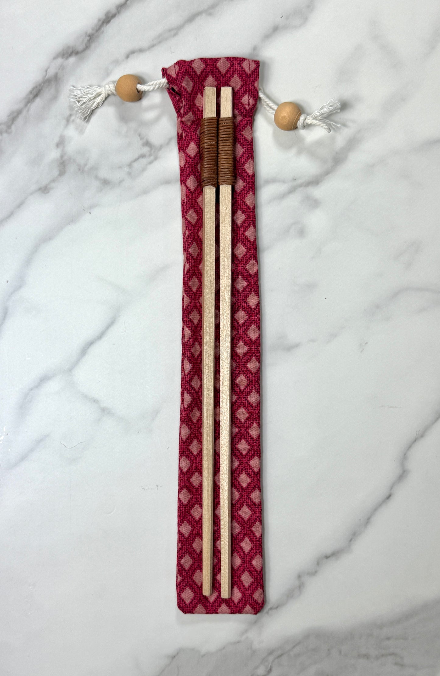 Handmade Wooden Chopsticks with Leather Wrap – Reusable Hardwood Set + Optional Fabric Holder