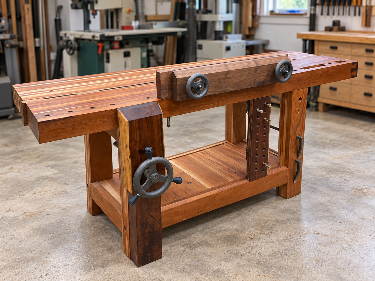 Handcrafted woodworking bench with vises and storage shelf